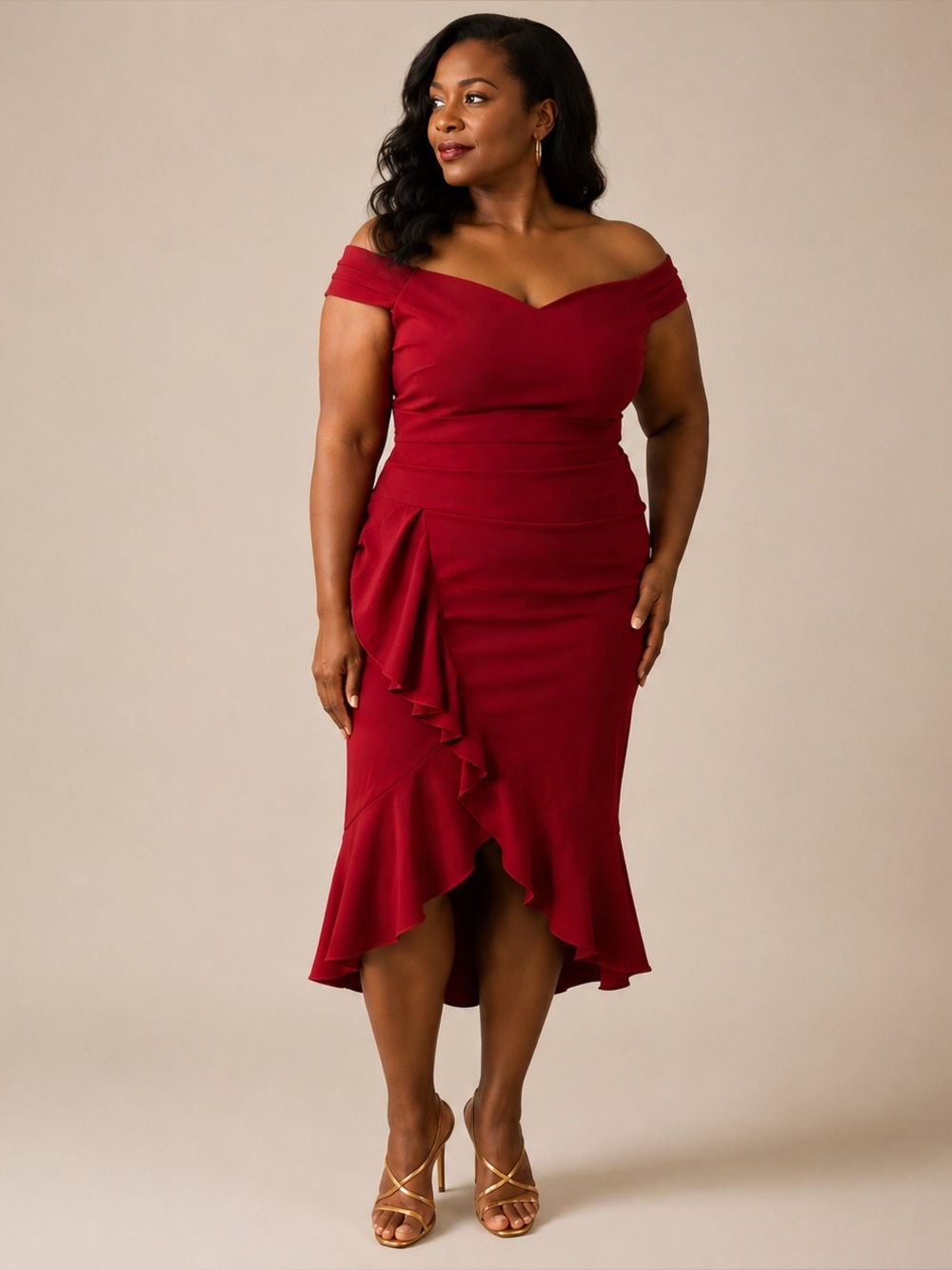 Knitee Red Off Shoulder Ruffle Holiday Cocktail Party Dress Bodycon Size XL